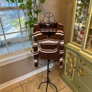 No Boundaries Brown and White Striped V-Neck Top